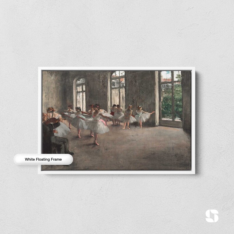 May include: A painting of a ballet class in a large, airy room with tall windows. The dancers are wearing white tutus and are practicing their moves. A man in the background is playing the violin.
