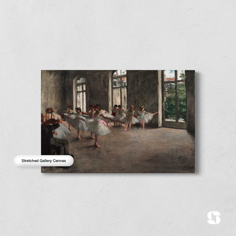 May include: A painting of a ballet class in a large, empty room with tall windows. The dancers are wearing white tutus and are practicing their moves. A man in the background is playing the violin.