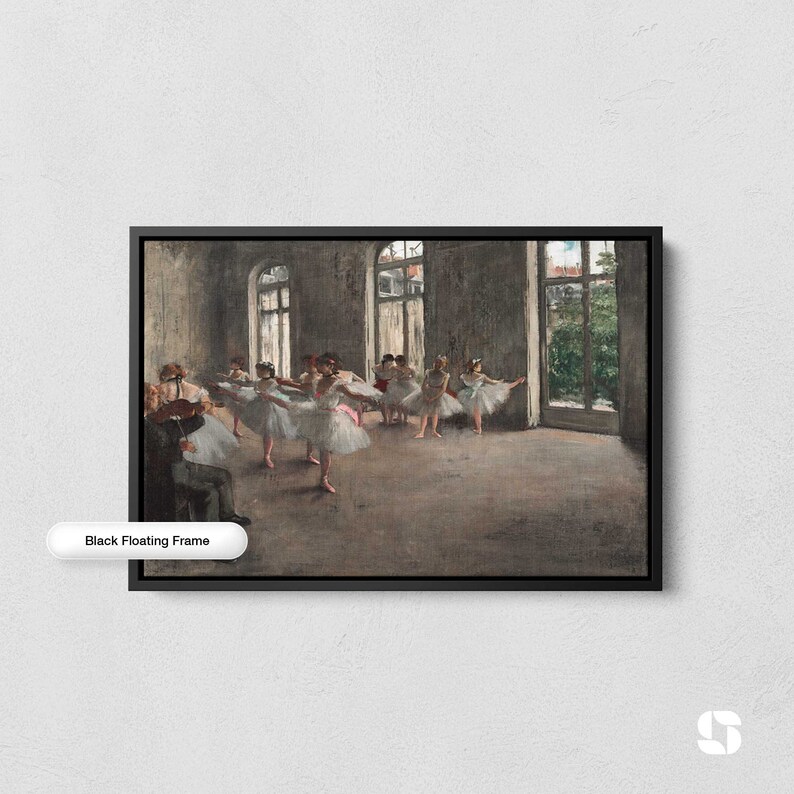 May include: A painting of a ballet class in a large, airy room. The dancers are wearing white tutus and are practicing their moves. A man in the background is playing the violin.