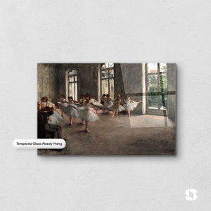 May include: A painting of a ballet class in a large, airy room with tall windows. The dancers are wearing white tutus and are practicing their moves. The painting is done in a realistic style and captures the energy and grace of the dancers.