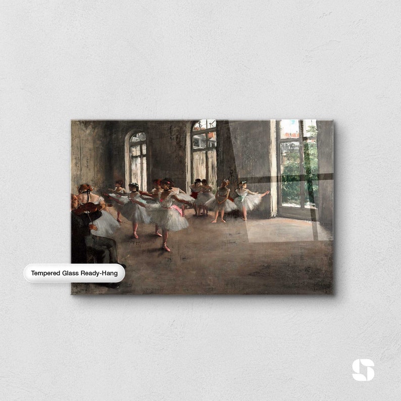 May include: A painting of a ballet class in a large, airy room with tall windows. The dancers are wearing white tutus and are practicing their moves. The painting is done in a realistic style and captures the energy and grace of the dancers.