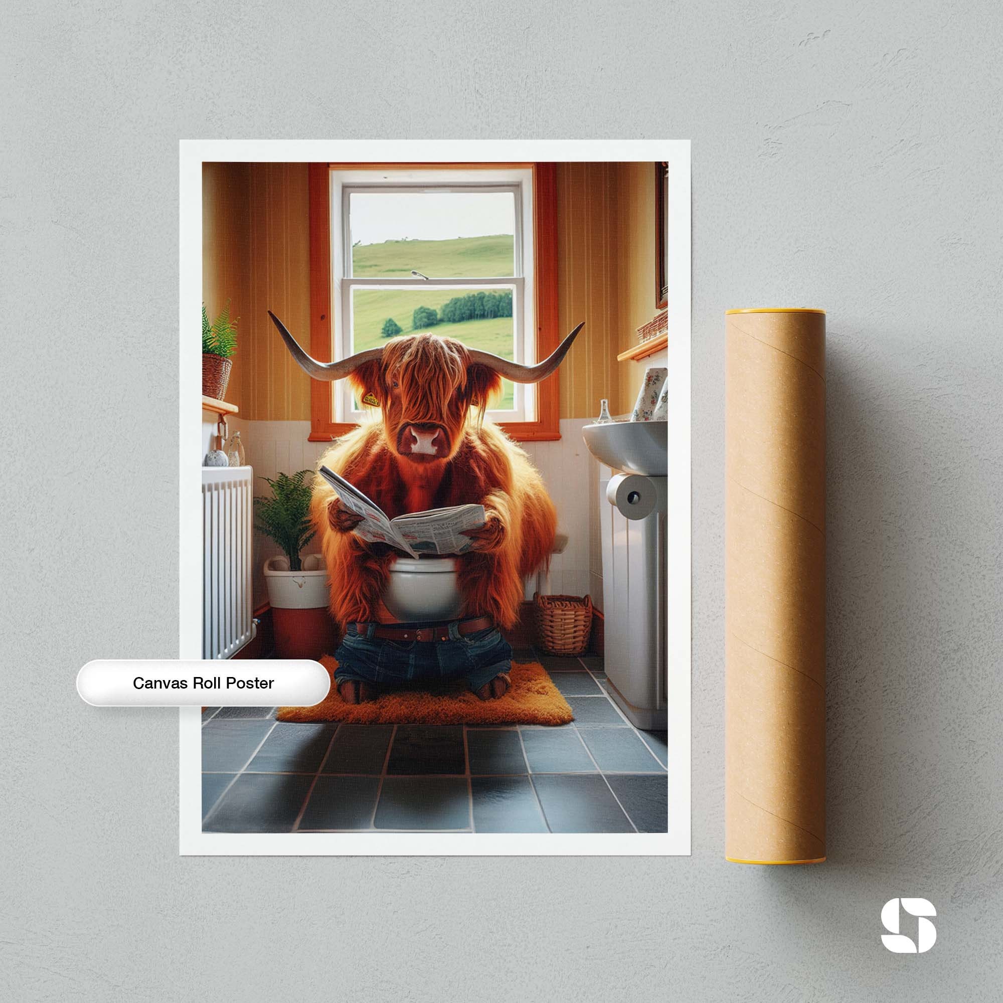 Highland Cow Sitting on the Toilet Reading a Newspaper, Whimsy Animal ...