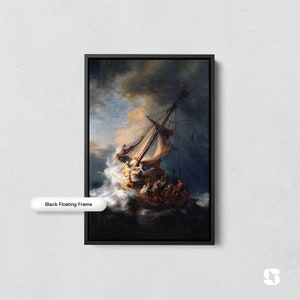 May include: A framed painting depicting a ship caught in a stormy sea. The ship is being tossed about by the waves, and the sky is dark and stormy. The painting is in a black floating frame.
