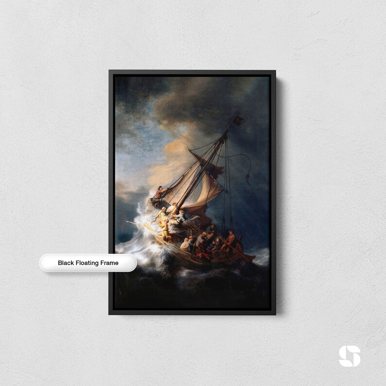 May include: A framed painting depicting a ship caught in a stormy sea. The ship is being tossed about by the waves, and the sky is dark and stormy. The painting is in a black floating frame.