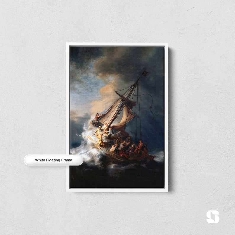 May include: A painting of a ship caught in a storm, with a bright light shining through the dark clouds. The ship is filled with people, and the waves are crashing around it. The painting is framed in a white floating frame.