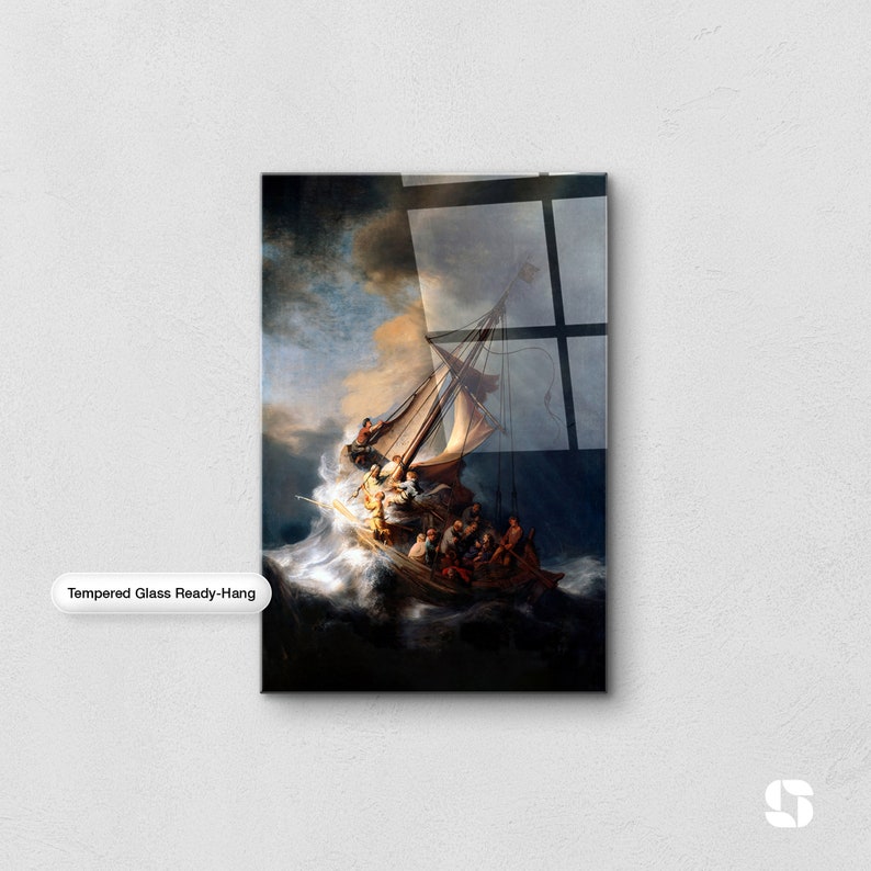 May include: A tempered glass wall art print of a painting depicting a ship caught in a stormy sea. The ship is being tossed about by the waves, and the people on board are struggling to stay afloat. The painting is done in a dark and dramatic style, with a sense of urgency and danger.
