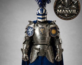 Armadura de caballero medieval Barbuta de cuerpo entero con visera: armadura de acero azul para LARP, cosplay, disfraz de Halloween, disfraz de caballero medieval hecho a mano.