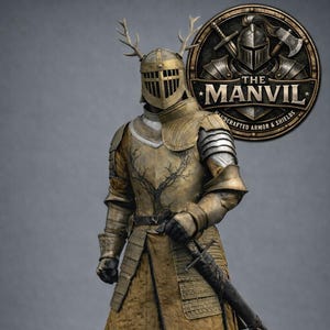 Puede incluir: Una armadura y escudo hechos a mano, con un casco con cuernos. La armadura es una mezcla de tonos dorados y plateados, con un diseño de árbol en el pecho. El logotipo de Manvil está en el fondo.