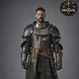 Puede incluir: Imagen de cuerpo entero de una persona con armadura artesanal. La armadura es de color gris oscuro con detalles de cota de malla y un cinturón de cuero. Una espada está envainada en la cintura. El logotipo de Manvil está en la esquina superior derecha.