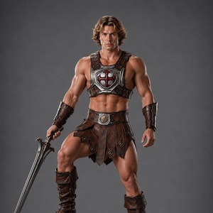 May include: A muscular figure wearing a brown leather kilt, matching bracers, and tall boots, paired with a silver chest plate featuring a red cross emblem. The figure holds a long, pointed metal sword and stands atop a large, textured gray rock.