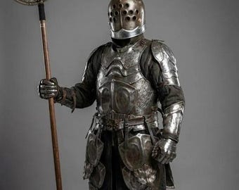Armadura de caballero de fantasía medieval: acero pulido con oxidación completa para disfraz de LARP/guerrero/cosplay para hombre/traje renacentista y de Halloween
