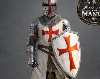 Armadura de caballero templario con sobreveste: disfraz de armadura medieval de cuerpo entero para recreación histórica, cosplay, LARP y Halloween.