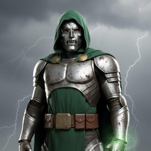 May include: A character in metallic armour with a green hooded cloak and a silver mask. The image shows a full-body view with a green energy effect from one hand. The background depicts a stormy sky and a desolate landscape.