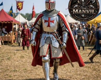Armadura de Caballero Templario – Armadura medieval completa de cruzado del siglo XIV / Disfraz para LARP, cosplay y Halloween / Disfraz de caballero medieval hecho a mano