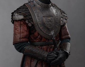 Oscar Tully - Conjunto de hombreras y gorguera inspirado en La Casa del Dragón / Armadura medieval de cuero hecha a mano / Armadura de caballero dragón para LARP y cosplay