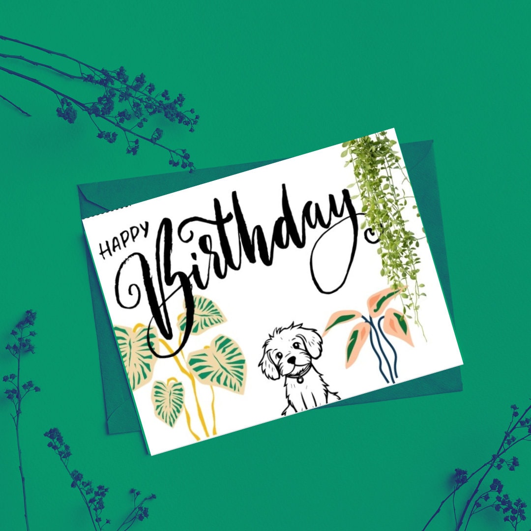 Digital Card Print at Home Birthday Card Plants and Dog Etsy