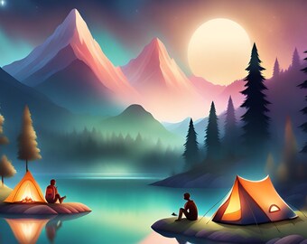 Camping Adventure Printable Wall Art, Mountain Lake Campsite Digital Download, Nature Landscape ...