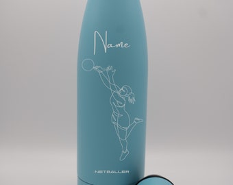 Personalised Gift: Steel Thermal Bottle, Double Walled & Insulated, Netball Design, Personalised with Any Name. A truly special Netball gift