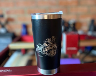 Personalised Gift: Steel Thermal Travel Mug, Personalised with A Photo of Your Motorcycle / Motorbike and Any Name.