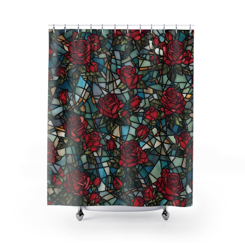 Red Roses and Blue Stained Glass Shower Curtain, Tub Curtain, Bathtub