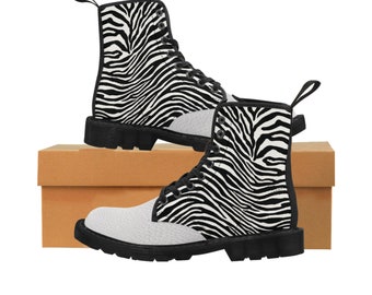 Sick! Zebra and simulated leather print - Women's Canvas Boots, motorcycle boot, punk boot, grunge style