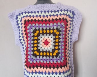 Handmade crochet lilac and multicoloured granny square sweater vest uk 14-16