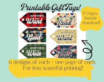 Printable gift tags, want need wear read, Instant download, christmas gift tags, vintage style gift tags