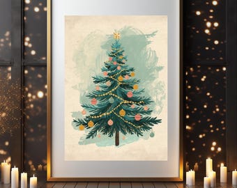 Vintage Christmas Tree Art Print, Retro Holiday Decor (Digital Download)