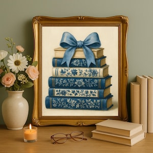 Blue and White Floral Book Stack Printable – Vintage Bow Wall Art, Coquette Chinoiserie Decor, Digital Download for Grandmillennial Style