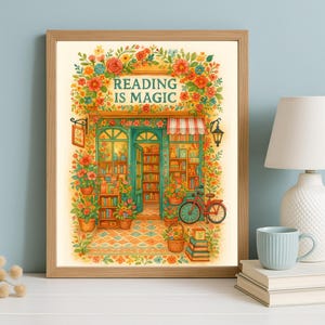 Librairie aquarelle imprimable – art mural confortable coin lecture, décoration de librairie vintage, cadeau pour amoureux des livres, téléchargement numérique Cottagecore