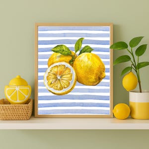 Printable Lemon Wall Art | Watercolor Citrus Kitchen Decor | Blue Stripe Fruit Print | Digital Download | Modern Farmhouse Art