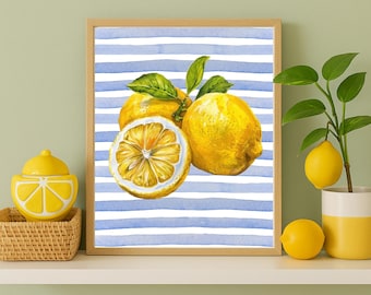Watercolor Lemon Print: Blue Stripe Kitchen Wall Art (Digital Download)