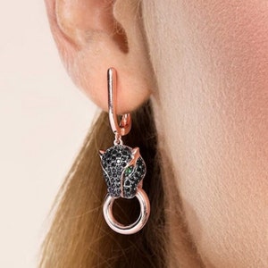 Vintage Panther Face Earrings For Women Onyx Diamond Leopard Wild Animal Earrings Panther Jewelry Lion Dangle Earrings, Gift For Her Mom