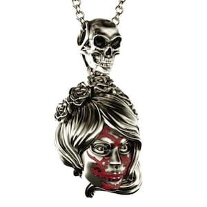 Sterling Silber Zucker Schädel Halskette: Frauen Gesicht Gothic Halloween Schmuck