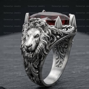 Vintage Sterling Silver Lion Ring, Ruby Diamond, Art Deco Style Ring, Gift For Birthday, Halloween, Christmas, New Year Gifts