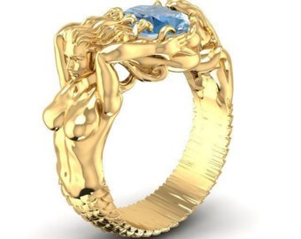 Blue Topaz Mermaid Ring: Handmade 925 Sterling Silver Art Deco Ring Christmas Day Gifts