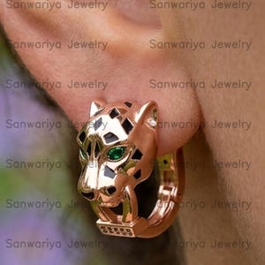 14k Gold Panther Earrings: Handmade Sterling Silver Puma Studs, Emerald Eyes Christmas Day Gifts