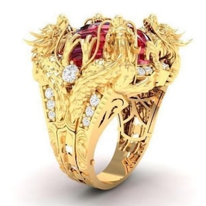 Anillo De Dragón En Oro Vermeil 14K: Rubí Diamante Plata Esterlina 925 Regalos De Navidad