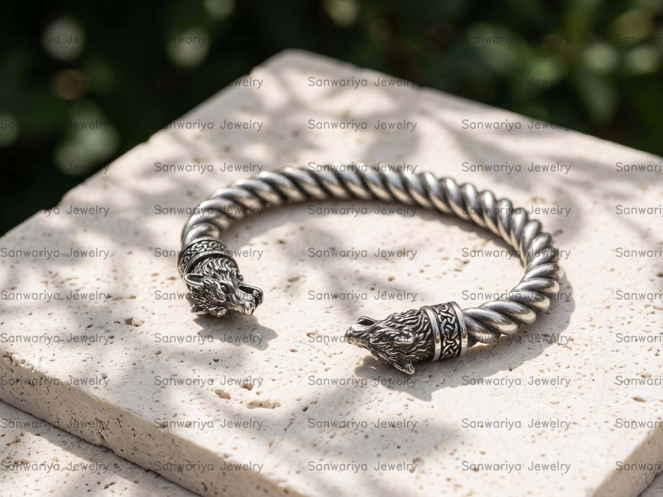 Sterling Silver Wolf Bracelet, Nordic Viking Bangle, Fenrir Amulet 