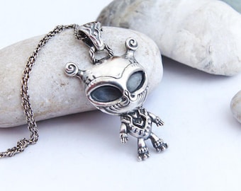 Sterling Silver Alien Pendant Necklace: Handmade Sci-Fi Charm