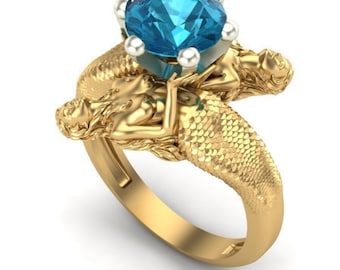 Handcrafted Mermaid Ring: Blue Topaz, 925 Sterling Silver
