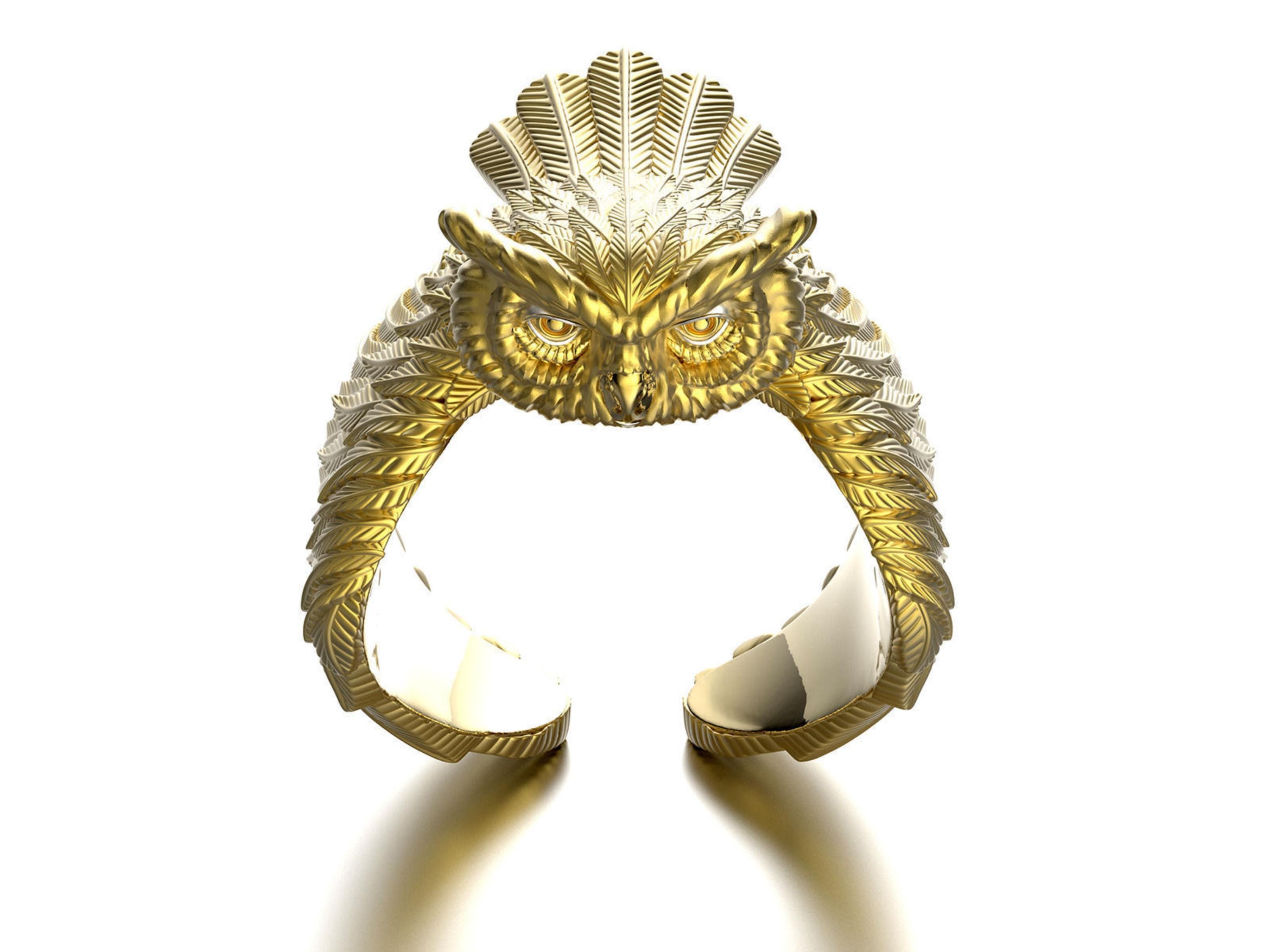 14k Gold Owl Ring, Handmade Owl Adjustable Ring For Women, Owl Face Ring, Designer Statement Ring, N