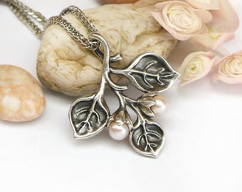 Pearl Leaves Necklace: 925 Sterling Silver Floral Pendant Birthday, Christmas Day Gifts For Her