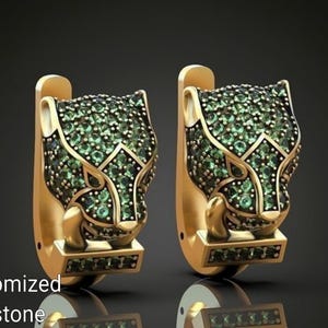 Panther Head Emerald Stone Earrings, 925 Sterling Silver Gold Plating Leopard Hoop Earrings Animal Lover Hoops For Women, Birthday Gifts