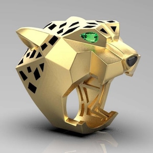 14k Gold Green Eye Emerald Panther Ring, 925 Sterling Silver Unique Christmas Gift for Her, Animal Jewelry, Statement Handmade Ring For Him