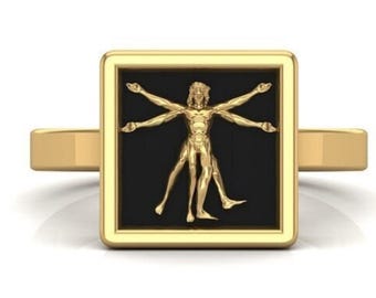 Vitruvian Man Signet Ring: 14k Gold Sterling Silver Renaissance Art