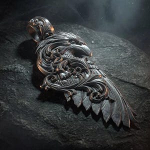 May include: A silver-toned metal pendant shaped like an eagle head with intricate, swirling filigree patterns integrated into the feathers and wing. The piece features a prominent bail at the top for attachment, with a dark, oxidized finish.