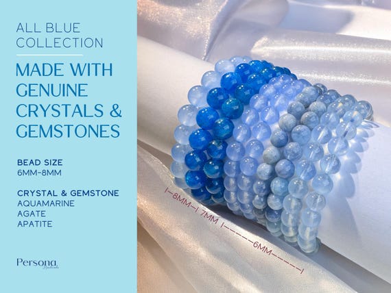 Blue Genuine Crystal Bracelet - Stretch Bracelet with Aquamarine, Agate & Apatite