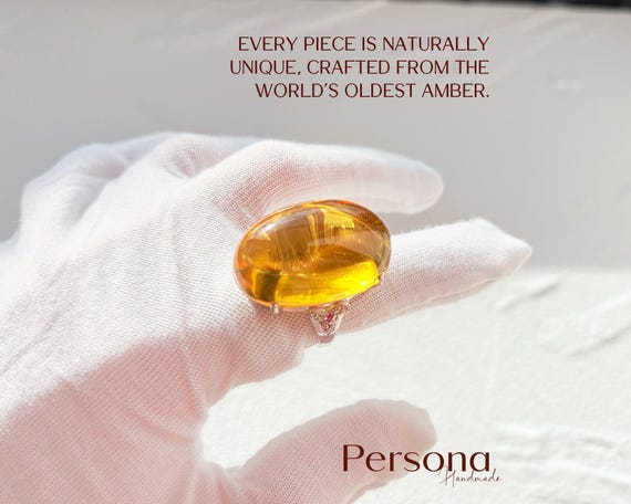 Adjustable Silver Oval Amber Ring