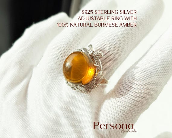 S925 Sterling Silver Bow Adjustable Ring with 100% Natural Burmese Amber